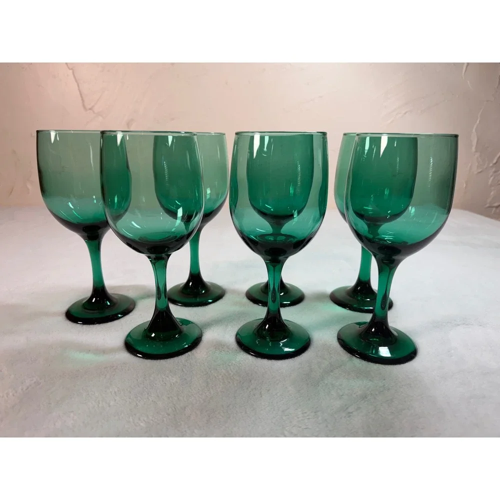 Vintage Emerald Green Glass Wine Goblets Stemmed Water Glasses Set of 7
